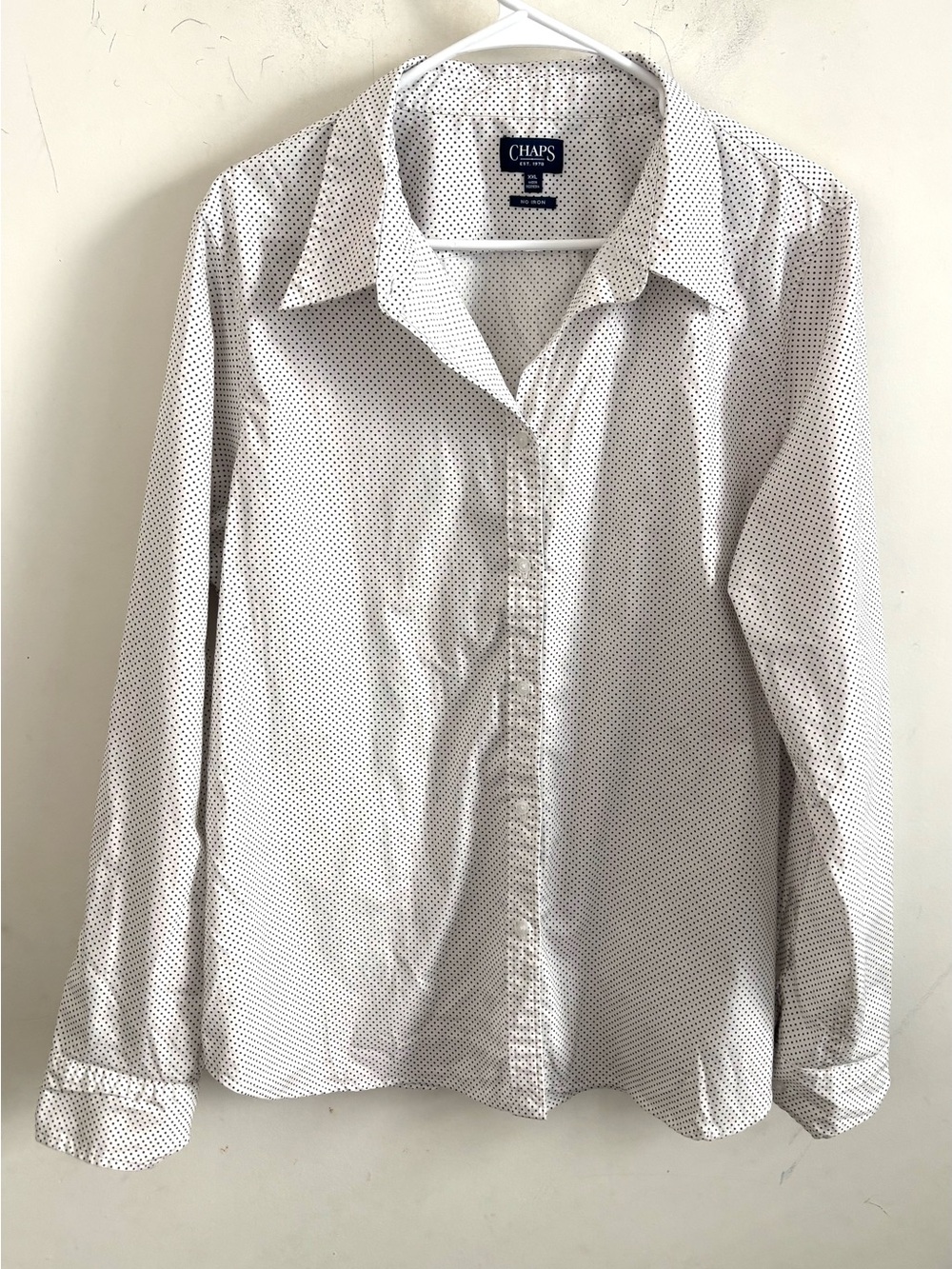 Chaps Womens Shirt No Iron 2X White Polka Dot  Button-Up Long Sleeve Career